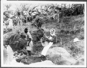 Sister Wärthl, Dr. Kleff and Elisabeth collecting herbs, Tanzania, ca. 1925-1930