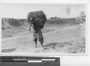 A boy happily carrying a load at Beijing, China, 1936