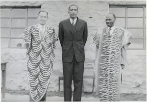 The new paramount chief of Bassoutos, Moshoeshoe II receiving the district administrator (on the left) and Mr Machobane (agronomist)