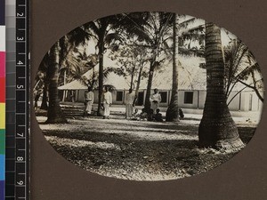 Group standing outside pastors' house, Kiribati, 1913-1914