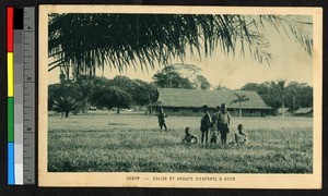 Children playing outdoors before a church, Gabon, ca.1920-1940