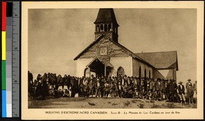 People gathering before a small stone church, Canada, ca.1920-1940