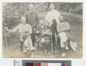 Group portrait including; Dr. A. Scott, Mr Reid, Mr Greville, Sir A. Sharpe and Commander Gurney, Malawi, 1895