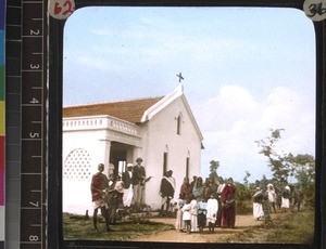 Evangelist and congregation outside a church, south India, 1924