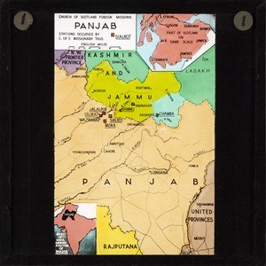 Map Displaying Church of Scotland Foreign Mission Stations in the Indian states of Punjab and Kashmir and Jammu, ca.1875-ca.1940