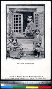 School girls outside a window, Srinagar, India, ca.1900-1920