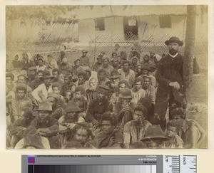 Missionary with Vanuatuans mourning death of a chief, Anatom, ca.1890