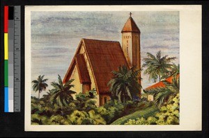 Drawing of church at Douala amid palms, Cameroon, ca.1920-1940