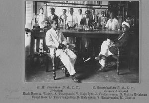 South Arcot, Inda, The chemistry lab at Carmel High School, Tiruvannamalai, 1927. Sitting, left