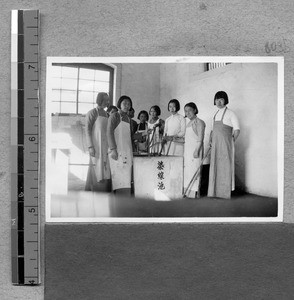 Dyeing yarn at Harwood Bible Training School, Fenyang, Shanxi, China, ca.1936-37