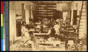 Boys working in a carpentry shop, Congo, ca.1920-1940