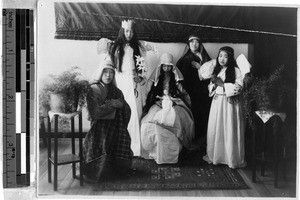 Group portrait of five Korean children in costume for Christmas play, Yeng You, Korea, 1937