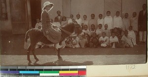 Ragnhild Soerensen on a donkey, Soavina, Madagascar, ca.1927