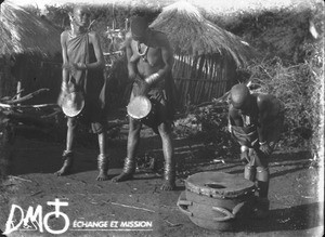 African women playing drums, Lemana, South Africa, 1906