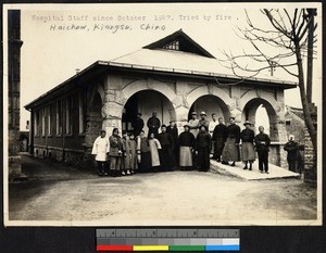 Hospital staff standing before the Ellen Lavine Graham Hospital, Haizhou, Jiangsu, China, ca.1927