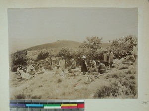 Missionaries and carriers taking a rest near Antananarivo, Madagascar, ca.1900