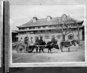 Patient coming to hospital on cart, Fenyang, Shanxi, China, ca.1920