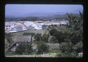 village with houses in the foreground and mountains in the background