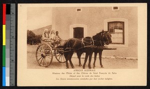 Two missionary sisters and child in a two-wheeled cart, South Africa, ca.1928