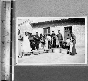 Sorting and washing wool at Harwood Bible Training School, Fenyang, Shanxi, China, ca.1936-37