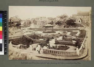 View of crowds in gardens, Place Jean Laborde, Andohalo, Madagascar, ca. 1890