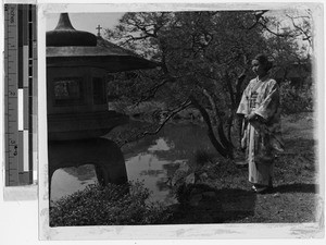 Portrait of a Japanese girl in the Hikone church garden, Hikone, Japan, ca. 1937