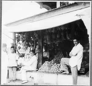 Indian merchants at their fruit store, Tanga, Tanzania, ca.1927-1938