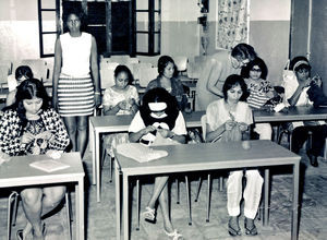 DMS' girls school in South Yemen in 1971. On the picture the girls are participating in handwor