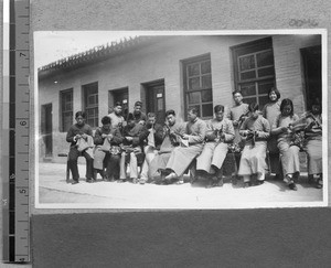 Men learning to knit at Harwood Bible Training School, Fenyang, Shanxi, China, ca.1936-37