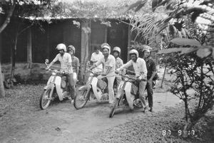 Danish Bangladesh Leprosy Mission/DBLM, September 1987. Paramedicals from Thakurgaon biking to