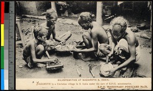 Silversmiths working outdoors, Nazareth, India, ca.1920-1940