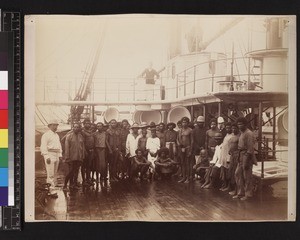 Group of indigenous men including chief on board ship, Papua New Guinea, ca.1884