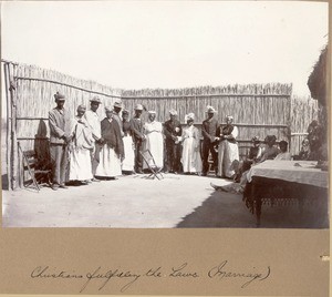 Six couples being married, Africa. ca. 1900