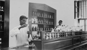 Danish Mission Hospital, Tirukoilur, Arcot, South India, 1921. The Pharmacy with Milton Thomas