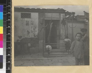 Weapons outside guard-house, Quanzhou, China, 1912