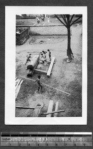 Preparing lumber for building construction, Chengdu, Sichuan, China, ca.1939