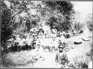 Travel party having a rest on the way to Shigatini, Tanzania, 1913