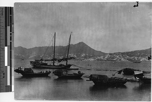 Boats anchored in Hong Kong harbor, China, ca.1920