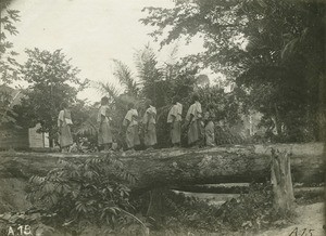 Pupils on a bridge, in Talagouga, Gabon