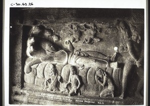 "Vishnu on the snake Sesha. - A specimen of old Indian sculpture."