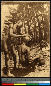 Man shaving another's head, Congo, ca.1920-1940