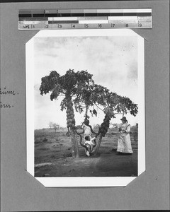 Sister Giersch next to a child on antelope's horns under papaya trees, Nyasa, Tanzania, ca. 1906-1929