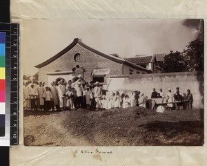 Christian mourners, in white, and coffin outside church, south China, ca. 1888-1906