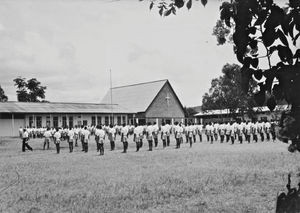 Bukoba, Tanganyika/Tanzania. African boys in front of the Kahororo High School, 1966.The school