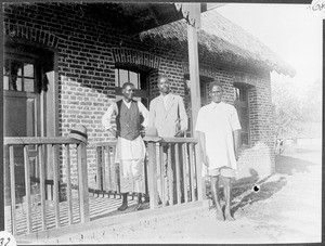 Teacher Lasaros and assistant teachers Elijahu(?) and Lotokorduaki, Arusha, Tanzania, 1924