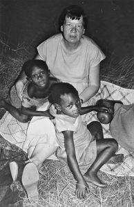 DMS Missionary and Parish Assistant, Gudrun Vest with children at Bushangaro, Tanzania, 1986