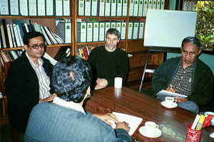 Stephen Baroi, Mogens Kjær and Thomas Batong meeting with Doyal Chandra Paul, the Supoth Projec