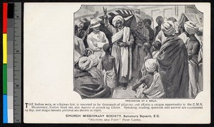 Drawing of people preaching at a religious fair, India, ca.1920-1940