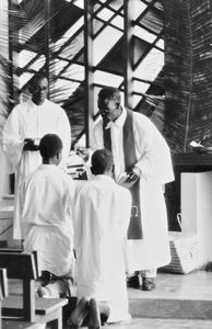 Baptism of two leper patients at the Bumbuli Hospital Chapel, Tanzania, 1967. (Used in: Dansk M
