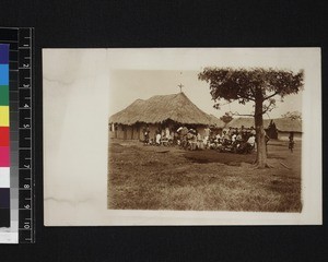 Group portrait outside village church, Kintampo, Ghana, 1910